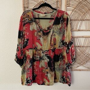 Tianello Shelby Top Blouse Tunic Geisha Asian Art To‎ Wear Artsy Rayon Sz XL B12